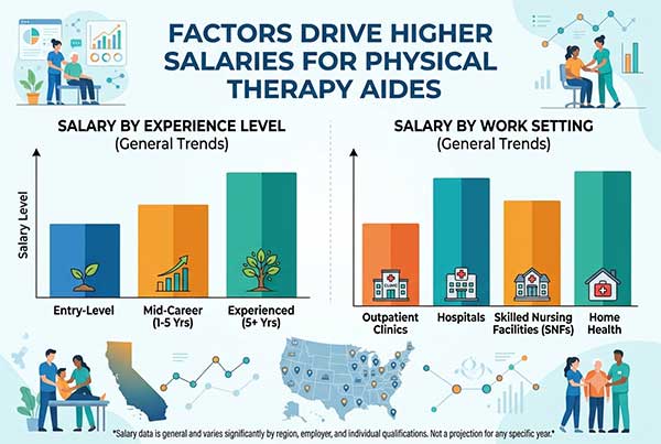 Infographic showing factors that drive higher salaries for physical therapy aides, with bar charts comparing salary trends by experience level from entry-level to experienced 5 or more years, and by work setting including outpatient clinics, hospitals, skilled nursing facilities, and home health