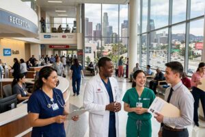 Diverse healthcare team — a nurse in navy scrubs, a physician in a white coat, a medical technician in green scrubs, and an administrator — collaborating in the bright reception lobby of a UCLA Health and Cedars-Sinai medical facility in Los Angeles, with the downtown LA skyline visible through floor-to-ceiling windows.