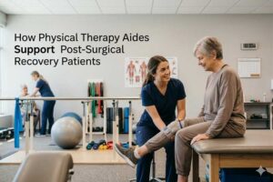 A smiling physical therapy aide in navy scrubs assisting an elderly female post-surgical recovery patient with a leg mobility exercise while seated on a treatment table in a physical therapy clinic, with rehabilitation equipment including resistance bands, dumbbells, and a stability ball visible in the background