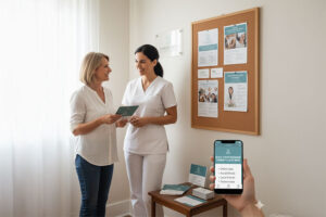 Professional massage therapist consulting with client while reviewing business marketing materials and building client relationships in modern wellness practice