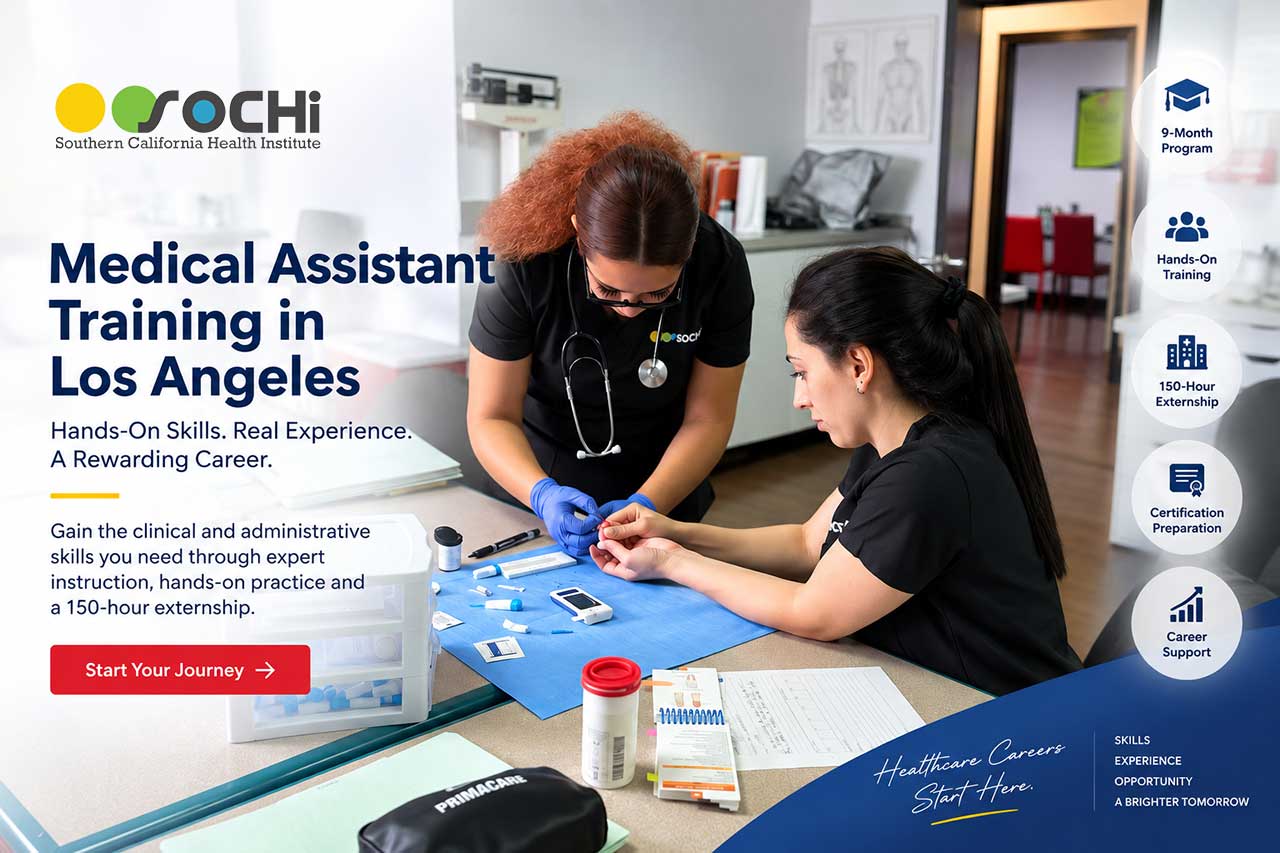 SOCHI students practicing hands-on skills in the Medical Assistant program serving Los Angeles