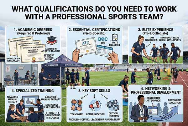 Infographic outlining six qualifications needed to work with professional sports teams as a rehabilitation therapist, including academic degrees such as kinesiology and doctor of physical therapy, essential certifications including ATC and state licensure, elite pro and collegiate experience, specialized training in manual therapy and strength and conditioning, key soft skills including teamwork communication and critical thinking, and networking through conferences mentorship and continuing education