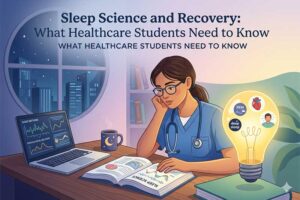 A healthcare student in blue scrubs sits at a desk at night, studying sleep science. A laptop displays sleep pattern and physiological recovery charts, an open textbook on sleep science lies in front of her, and a glowing light bulb beside her contains icons representing REM sleep, deep sleep, heart health, and cognitive function.