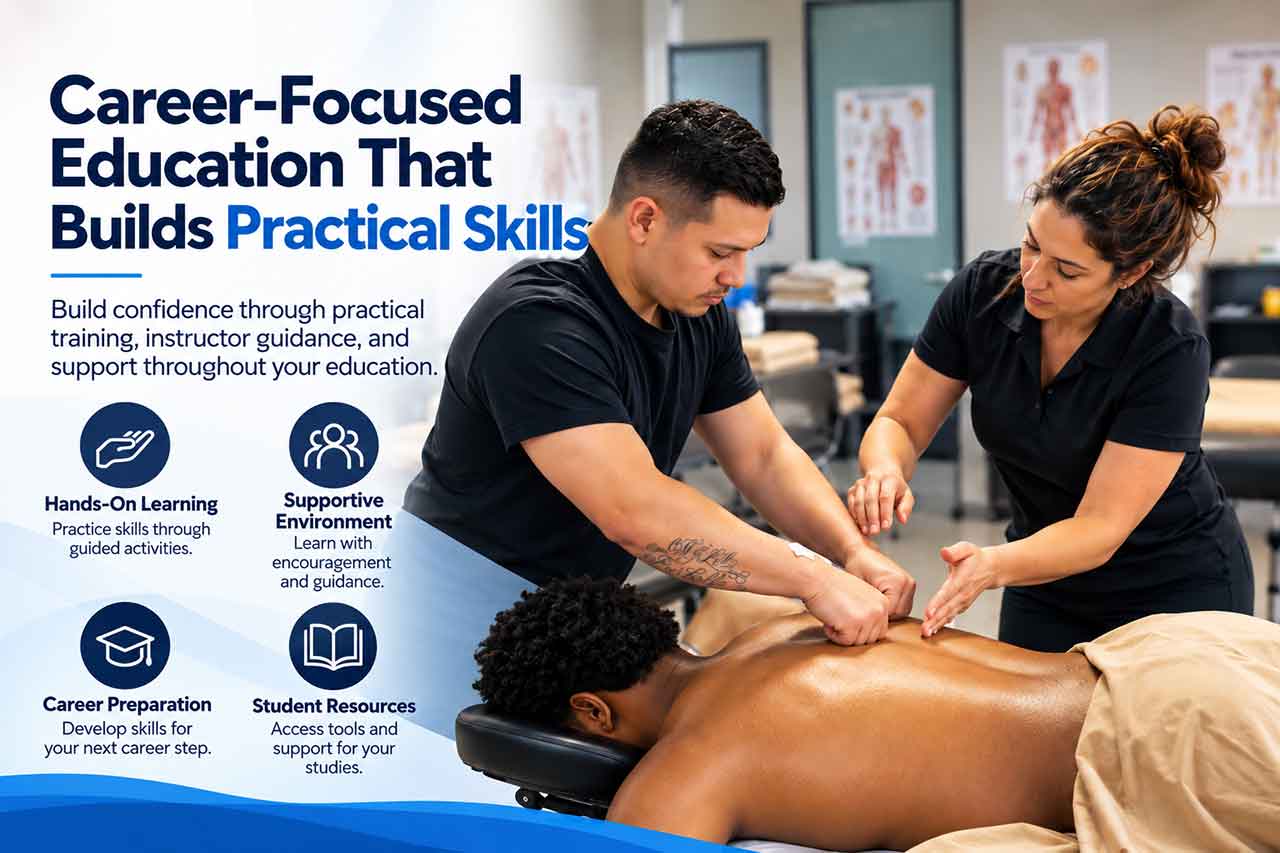 Massage student practices with instructor guidance beside icons for hands-on learning, a supportive environment, career preparation, and student resources.