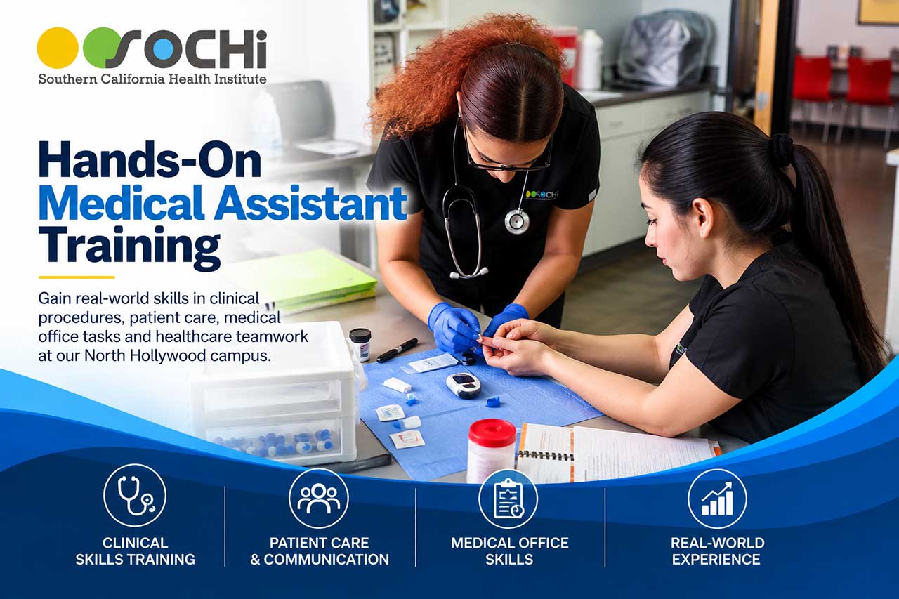 SOCHI Medical Assistant students practicing hands-on clinical skills at the North Hollywood, Los Angeles, CA campus