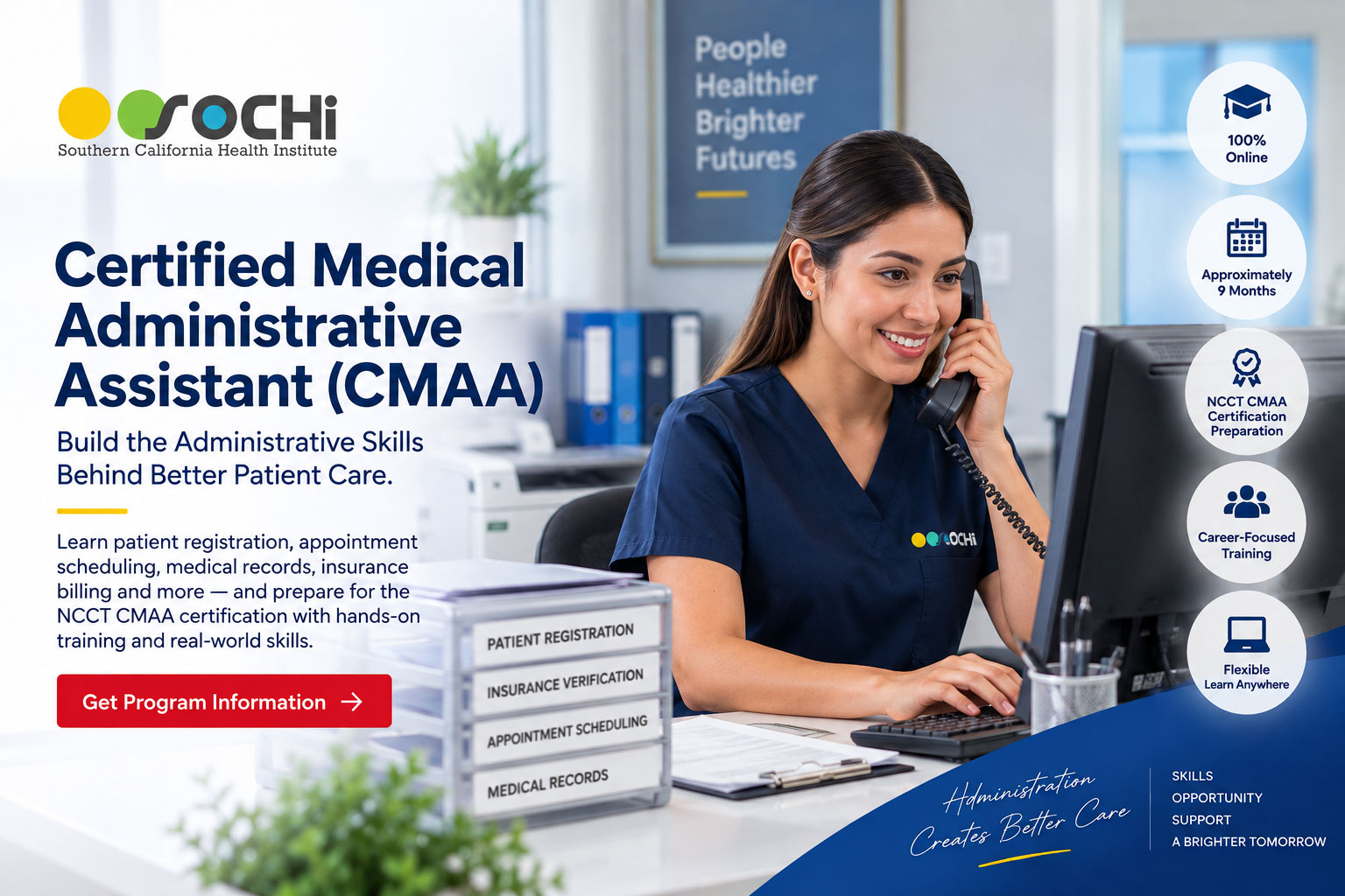 Medical administrative assistant speaking with a patient by phone while managing records at a medical office